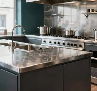Professional photography of a sleek, modern commercial kitchen island in a high-end Prague restaurant. The scene features clean stainless steel surfaces, dark charcoal cabinetry, and a glimpse of dark teal wall accents in the background. Bright, natural daylight.
