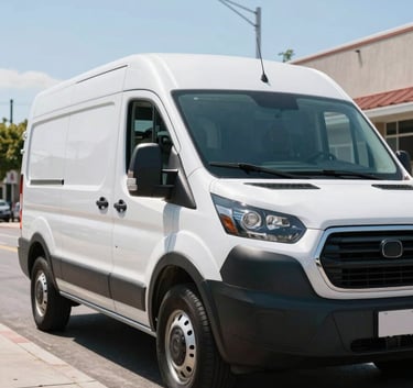 A low-angle shot of a clean, modern white service van parked on a North American street. The van has a professional appearance. Sunlight glints off the windshield, reflecting a clear blue sky. The composition is clean and trustworthy, highlighting professional service equipment.