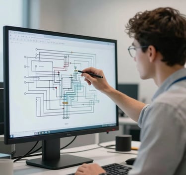 A professional electrical engineer in a clean modern office environment reviewing a complex technical circuit diagram on a large display, soft off-white lighting with muted blue accents.