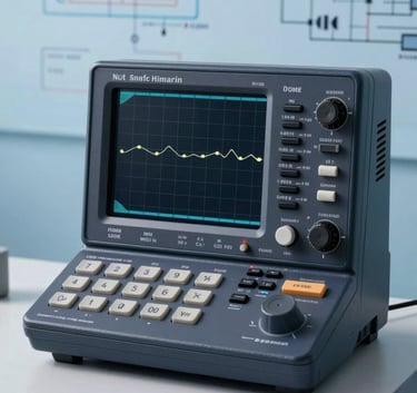 A sharp, professional photograph of a digital oscilloscope and electrical schematics on a clean desk, featuring dark navy and sky blue color palettes, conveying high-tech precision.