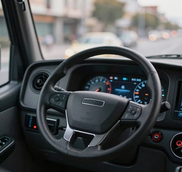 A detailed close-up of a modern bus driver's dashboard with glowing digital displays and a ergonomic steering wheel, shot in the soft morning light of a Spanish city.