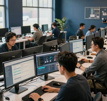 A wide-angle photography shot of a collaborative North American workspace. Tech professionals are working on high-resolution monitors in a space with industrial design elements, dark blue wall accents, and natural light streaming through large windows.