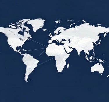 A conceptual, minimalist graphic representing global connectivity with interconnected nodes over a dark blue background, professional and sophisticated style using #0F1C2C and #F5F8FA tones.