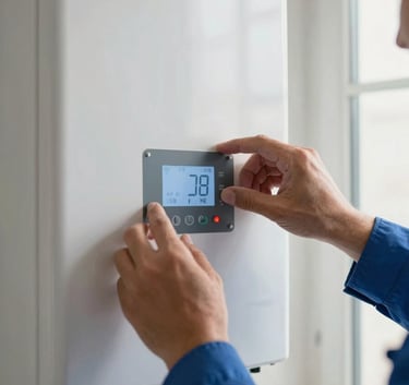 Close-up of a technician's hands adjusting the settings on a digital control panel of a modern white gas boiler, soft daylight, professional blue uniform, Spanish interior.