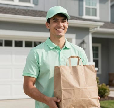A friendly delivery professional in a Pale Mint Green shirt carrying a paper grocery bag toward a modern North American / US suburban home, clean lines, bright daylight.