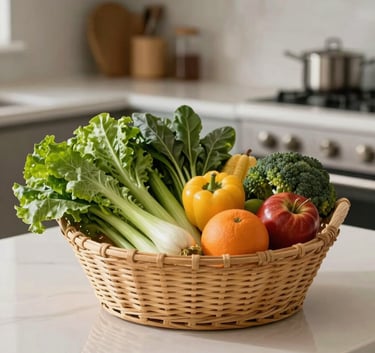 A close-up shot of a basket filled with fresh, vibrant green vegetables and colorful fruits on a Creamy White kitchen counter in a modern North American / US residence.
