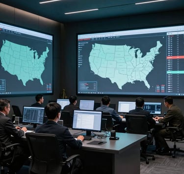 A sophisticated modern war room in North American setting with large screens displaying voter data maps, professional atmosphere, cool lighting with dark blue and teal tones.
