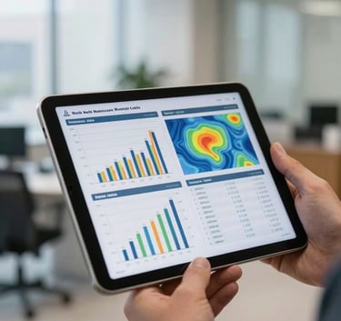 A close-up shot of a professional hand holding a tablet displaying analytical charts and voter heatmaps in a bright North American municipal office, soft focused architectural background.