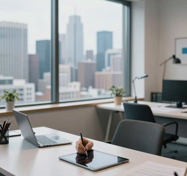 A wide-angle photo of a creative workspace with a large window showing a city skyline. A designer uses a tablet in a room decorated with blue-grey and off-white tones. International / Global professional setting.