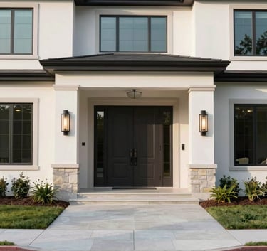A wide shot of a luxury North American US residential home exterior featuring a grand modern entryway door, soft daylight, clean lines.