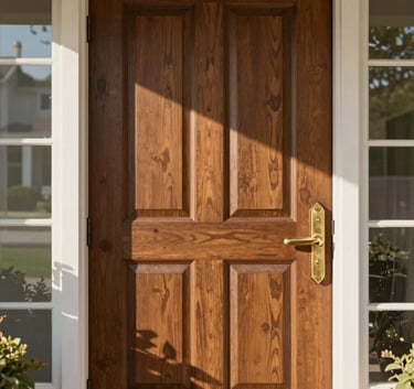 Close-up photography of a high-end solid wood residential front door with elegant brass hardware in a North American US suburban neighborhood, bright morning light.