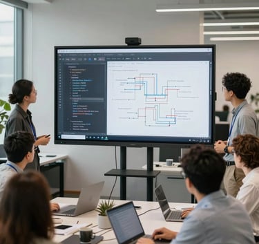 A diverse group of app developers in a North American tech hub workspace collaborating around a large screen showing clean code and architectural diagrams, bright and professional atmosphere.