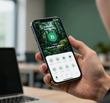 A professional in a high-tech North American office setting using a high-end smartphone with a modern, sophisticated app interface, bright natural lighting, and Dark Forest Green accents in the background.