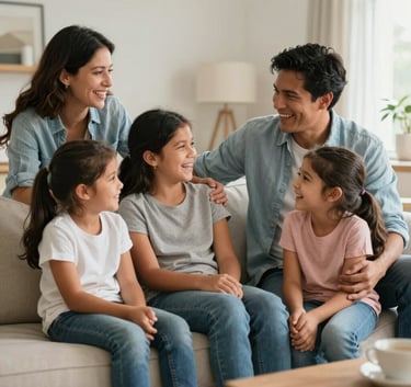 A heartwarming scene of a North American / Hispanic family laughing together in a bright, modern living room with beige and light blue accents, capturing a moment of pure emotional connection and trust.
