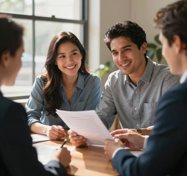 A professional and warm photograph of a North American / Hispanic couple sitting at a wooden table with a financial advisor, looking at documents with a hopeful expression, warm morning light streaming through a window.