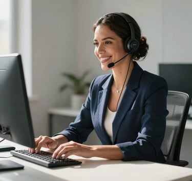 A professional South American / Brazilian woman wearing a modern headset, smiling warmly while working at a minimalist desk in a bright office. The scene features a clean aesthetic with dark blue and light grey accents and natural sunlight.