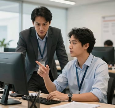 A professional Brazilian office environment where a manager is providing guidance to an operator. The lighting is bright and welcoming, focusing on effective communication and trust in a modern corporate setting.