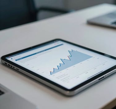 A close-up of a professional desk in a North American / US office with a digital tablet displaying clean financial growth charts, with a blurred dark blue and light gray background.