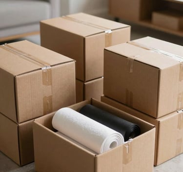 A detailed shot of high-quality packing boxes and professional materials inside a modern South Asian / Indian residential apartment. The scene is organized and clean, conveying efficiency.