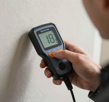A close-up of a digital moisture meter held by a professional technician checking a drywall in a North American home, emphasizing precision and certified expertise.