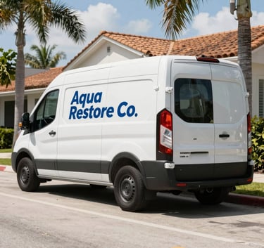 A professional Aqua Restore Co. service van parked in a bright, sun-drenched Miami residential street with palm trees, representing reliability and rapid response.