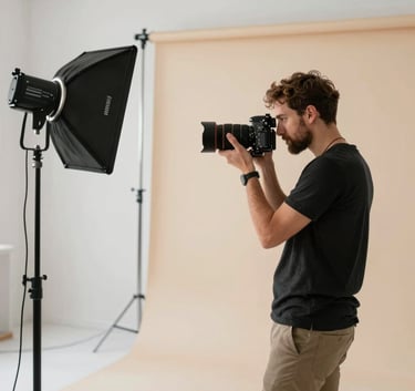Escena de una sesión de fotos profesional en un estudio moderno, mostrando a un fotógrafo trabajando con equipos de iluminación y fondos en tonos blanco mate y beige.