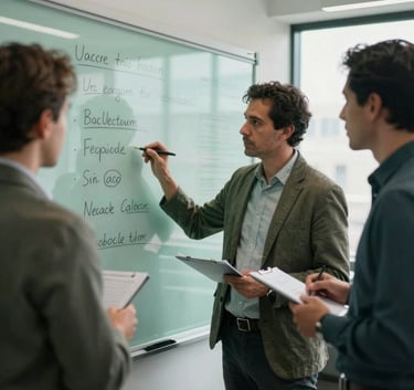 Un equipo de profesionales en una oficina luminosa con detalles en verde menta, planificando una estrategia en un pizarrón de cristal, ambiente profesional y cercano, contexto hispano.