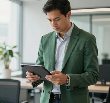 A professional energy consultant in a tailored suit reviewing data on a tablet within a bright, modern Central European / German corporate office. Accents of Medium Green and Dark Teal in the decor.