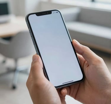 Close-up of a person's hands comfortably holding a modern Android device. The screen reflects soft light blue tones. The background is a bright, airy co-working space with light gray furniture. Global / Tech-focused.