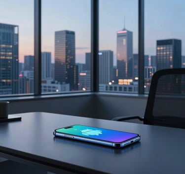 A sleek, minimalist home office in a high-tech city. Large windows show a modern skyline at dusk. On a clean dark gray desk sits a glowing Android smartphone. Lighting is cool light blue and deep navy. Global / Tech-focused.