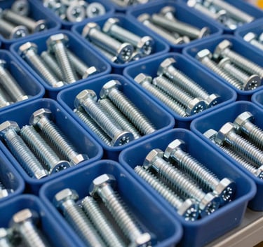 Detailed photography of a variety of high-grade construction fasteners, screws, and bolts organized in professional bins, clean lighting, metallic blue and silver tones, South American / Brazilian hardware retail context.