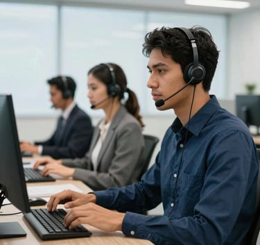 Photography of a modern, bright South American / Brazilian call center office. Professional agents wearing headsets are visible in the background. The lighting is clean and natural, incorporating palette colors like dark blue and light blue.