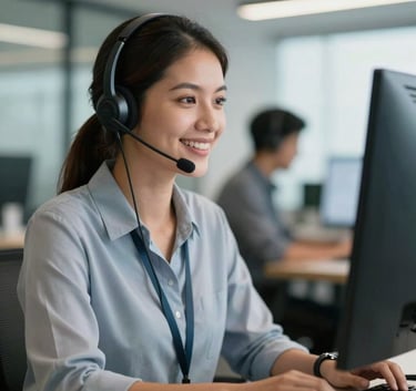 A professional South American / Brazilian customer service representative wearing a sleek headset, smiling warmly while looking at a computer screen. Modern office environment with soft focus and high-quality photography.