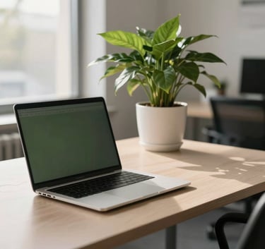 Clean and professional photography of a modern tech workspace in a North American office. A sleek laptop sits on a light taupe desk next to a healthy green potted plant, with soft morning light coming through a window in the background. The atmosphere is sophisticated and innovative, using a palette of bone and deep moss.
