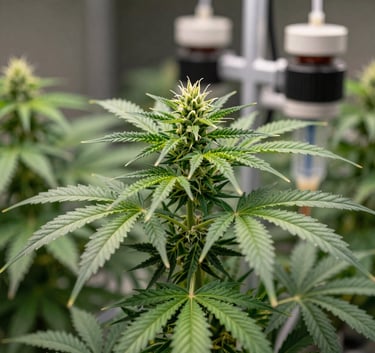Macro photography of a lush cannabis plant in a state-of-the-art indoor cultivation facility in the US. The image focuses on the vibrant green texture of the leaves with high-tech automated nutrient systems visible in the soft-focus background. Professional and reliable mood.