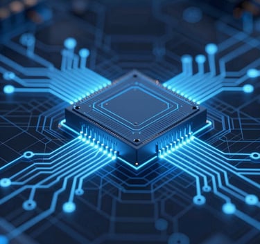 A high-tech 3D technical blueprint of a power electronics system, featuring glowing circuit pathways in #7BA0BF blue against a dark #0F1B2B professional background, showcasing precision and engineering innovation.