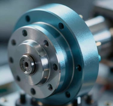 Close-up of a high-performance electrical machine component with sleek metallic textures, professional studio lighting, incorporating tones of #2D4A6E and #7BA0BF to reflect advanced energy technology.