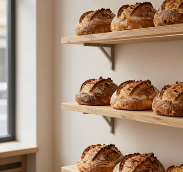 A cozy, high-end North American bakery interior with fresh sourdough loaves on wooden shelves, minimalist design, soft natural lighting, and Crisp Parchment colored walls.