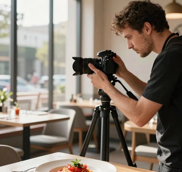A professional photographer in a North American restaurant, setting up a camera on a tripod to shoot a beautifully plated artisanal tomato pasta dish. Warm afternoon sunlight streaming through large windows, modern Scandinavian decor with light wood, sophisticated and clean composition.
