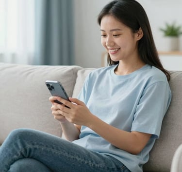 A patient sitting comfortably on a bright sofa, holding a smartphone and smiling during a tele-consultation. The room is airy and modern, conveying convenience and relief. Subtle brand colors #92B7C0 in the decor.