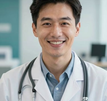 A close-up of a friendly, professional doctor wearing a white coat and stethoscope, smiling warmly into the camera as if greeting a patient on a video call. Bright, clean clinic background with professional lighting and brand colors teal and white.