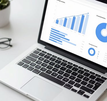 A clean, top-down view of a workspace with a laptop displaying growth charts and analytics. The aesthetic is modern and professional, utilizing #BCCED9 and #F9FBFC.