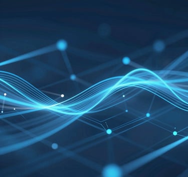 Abstract digital marketing data visualization with glowing blue lines and geometric shapes. High-tech, professional atmosphere incorporating #4A7C9F and #243441 colors.