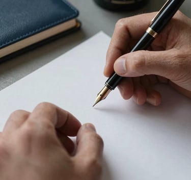 Close-up of a professional's hands using a fountain pen on high-quality paper. Desk features include a muted grey notepad and a deep navy leather accessory.