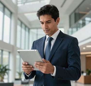 A professional Hispanic businessman in a sharp navy suit looking confidently at a tablet in a bright, modern corporate lobby with high ceilings and glass walls, natural soft lighting.