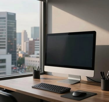 Modern minimalist workspace featuring a high-end computer monitor and organized desk accessories, with a view of a bustling Latin American financial district through a large window, morning light.