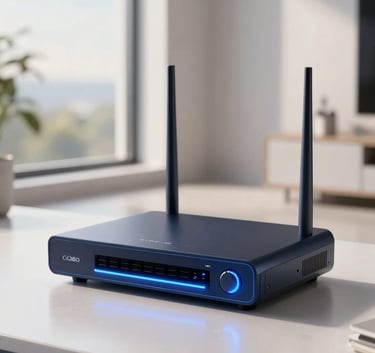 A sleek, modern Global apartment with a high-end router glowing with a Steel Blue light, soft morning sunlight through large windows, high-resolution professional photography.