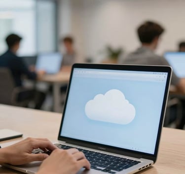 A professional in a Global co-working space using a laptop with Pale Cloud Blue screen light, reflecting a focused and efficient atmosphere, clean modern aesthetic.