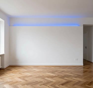 A perfectly finished minimalist living room with white walls, oak parquet flooring, and integrated blue accent lighting, showcasing high-end craftsmanship in a Northern European home.