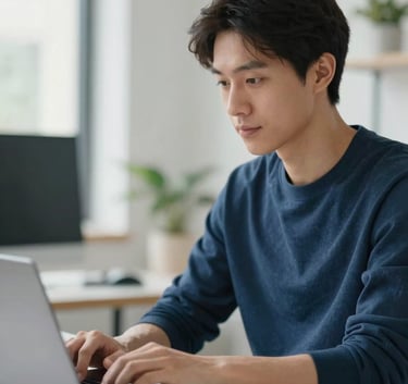 A professional portrait of a digital creator focused on their work in a bright, structured studio, soft natural lighting, incorporating sophisticated brand colors #1A2E2F and #A9C2C0.